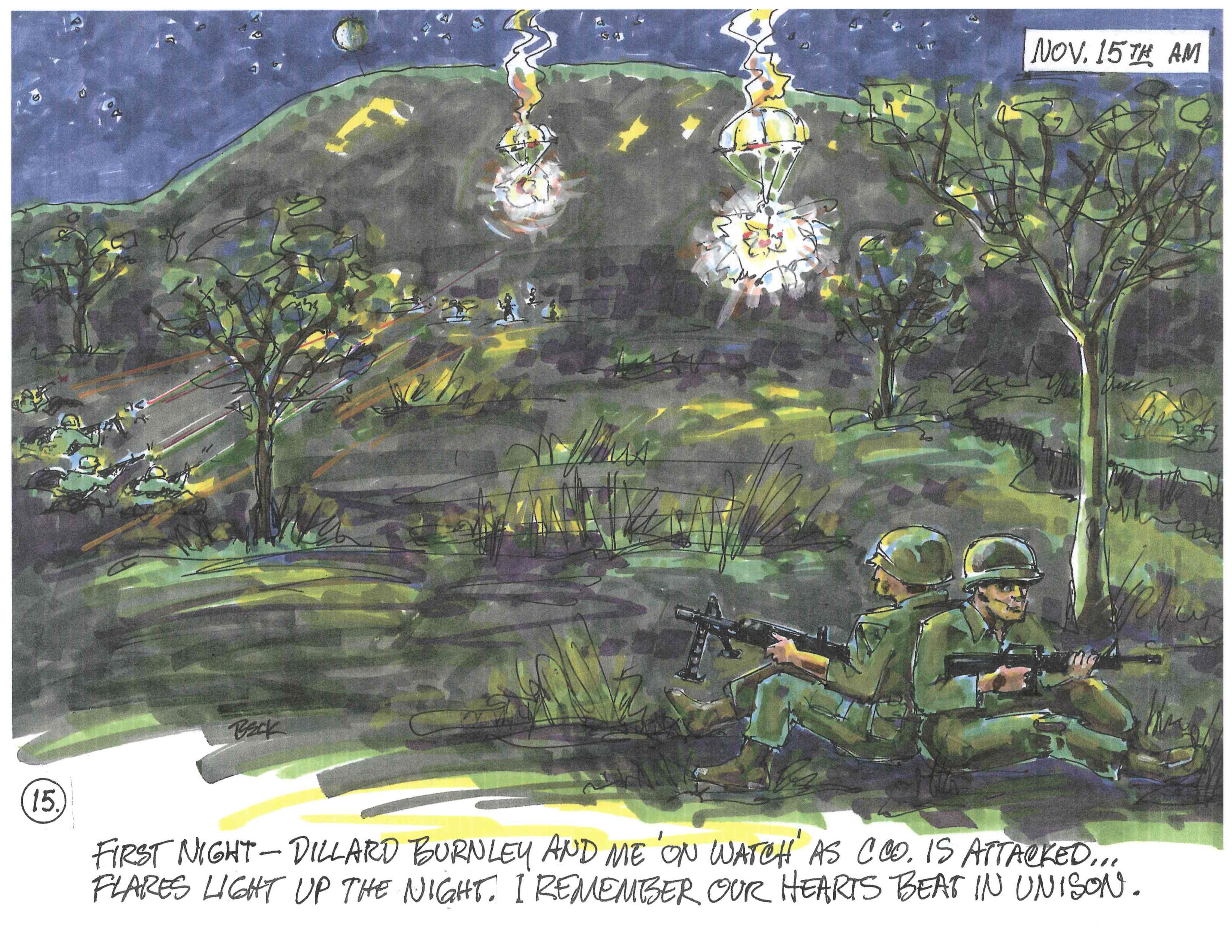 First night - Dillard Burnley and me 'on watch' as C Co. is attacked...flares light up the night. I remember our hearts beat in unison.