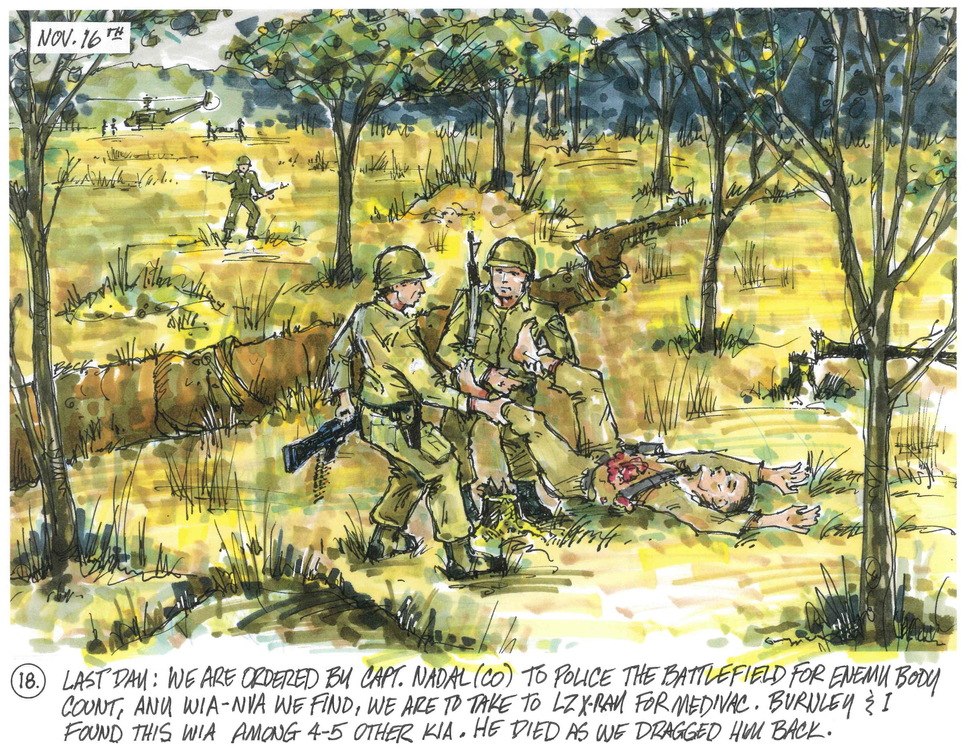 Last day: we are ordered by Capt. Nadal (CO) to police the battlefield for enemy body count, any WIA-NVA we find, we are to take to LZ X-ray for medivac. Burnley & I found this WIA among 4-5 other KIA. He died as we dragged him back.